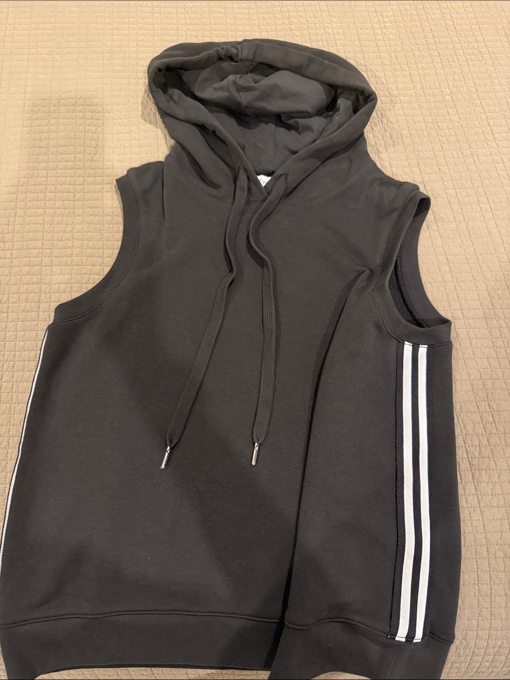 Evereve Black Sleeveless Hoodie with White Side Stripes